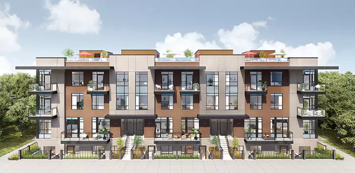 Architectural rendering of Spruce Trails back-to-back townhomes in North Brampton